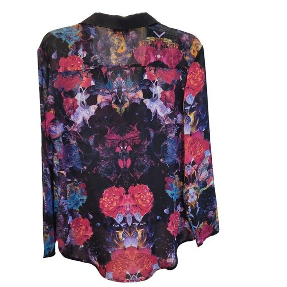 Nicole Miller Sz M Floral Semi Sheer LS Faux Wrap Hi Lo Collared Blouse Pocket - Picture 8 of 8